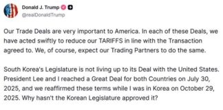 관세 협상 합의 지키지 않으니 25%로 인상한다.