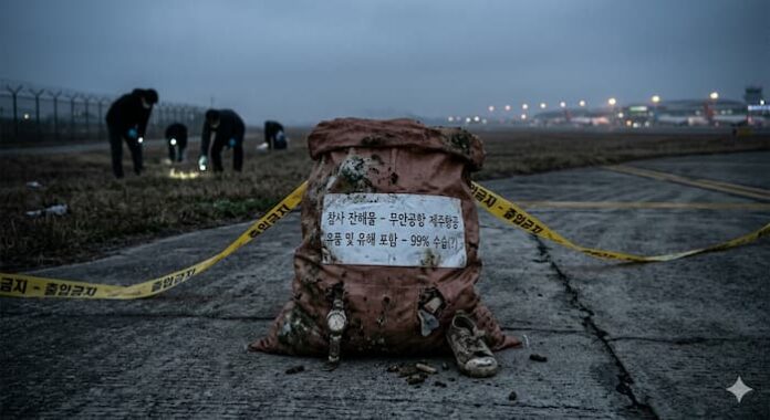 무안공항 제주항공 참사 부실 수습 고발 이미지. 안개 낀 활주로에 방치된 마대자루와 99% 수습(?) 라벨