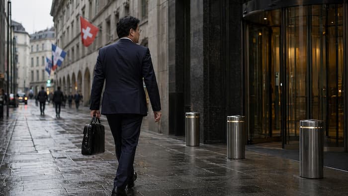 유럽 금융가 거리에서 가방을 들고 걷는 정장 차림 인물의 뒷모습