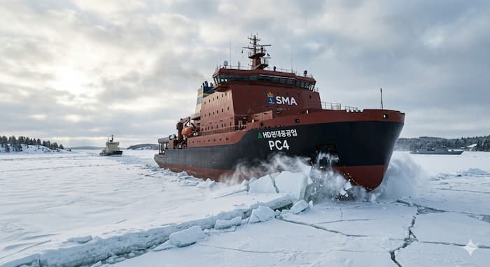 HD현대중공업 조선소에서 건조 또는 인도를 앞둔 북유럽 쇄빙선을 상징하는 이미지