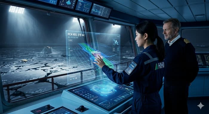 PC4 등급 쇄빙선의 AI 기반 운항 제어와 AX 조선 기술을 상징하는 이미지