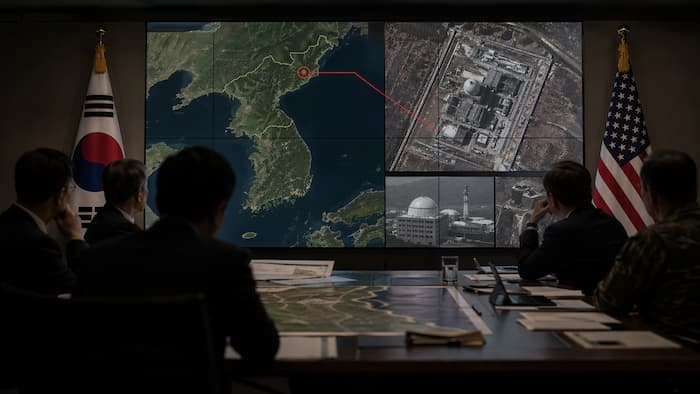 한미 관계자들이 북한 핵시설 관련 화면을 주시하는 회의 장면