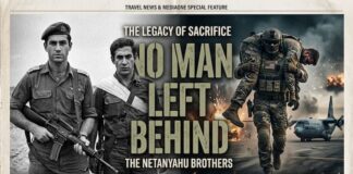 “No Man Left Behind” – 총을 든 전사와 펜만 든 리더 엔테베 작전과 현대 구조 작전을 대비한 이미지, 네타냐후 형제와 특수부대 구조 장면을 함께 표현한 일러스트