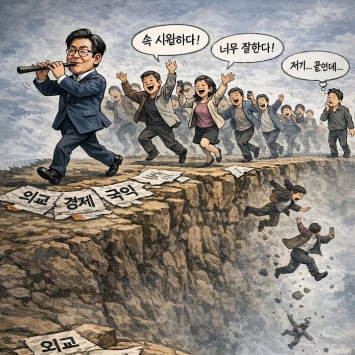 피리를 부는 정치인을 따라 환호하며 절벽으로 향하는 군중을 표현한 정치 풍자 만평, 외교 경제 국익 붕괴를 상징