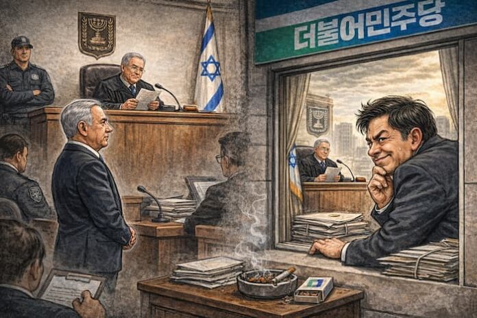 ChatGPT Image 2026년 4월 14일 오전 01_58_58 이스라엘 법정에서 판사 앞에 조용히 서 있는 네타냐후와, 바깥에서 법정을 바라보는 한국 정치인의 풍자적 대비