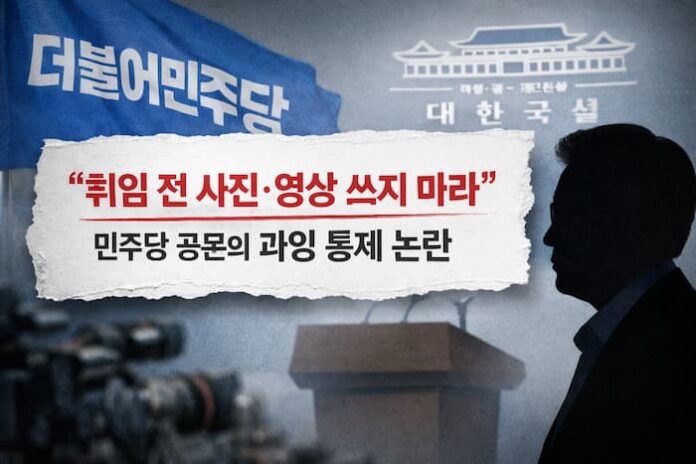 ChatGPT Image 2026년 4월 16일 오전 01_18_24 찢어진 공문과 흐릿한 대통령 연단 배경을 통해 민주당의 취임 전 사진 사용 금지 논란을 상징적으로 표현한 이미지