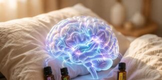 “치매야 썩 물렀거라” 노인 기억력 226% 향상, 알츠하이머 예방 청신호 침대 위 베개와 이불 위에 빛나는 뇌 모형이 놓여 있고, 주변에 천연 에센셜 오일 병들이 배치된 이미지