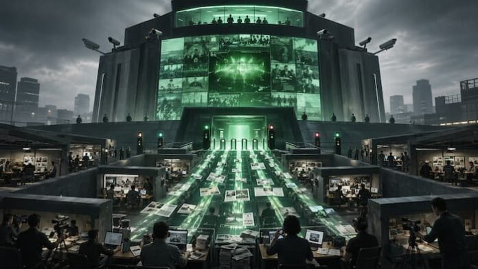 거대한 플랫폼이 수많은 기사와 정보를 한곳으로 빨아들이는 구조를 상징적으로 표현한 이미지