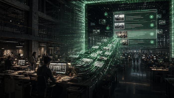 뉴스룸에서 생산된 기사와 정보가 거대한 디지털 플랫폼 화면으로 흘러 들어가는 모습을 표현한 이미지