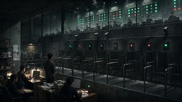 유리벽 너머 평가자들이 지켜보는 가운데 통제와 심사를 받는 듯한 공간을 표현한 이미지