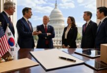 美 공화당 하원의원 54명, 강경화 대사에 공개서한…美기업 차별·중국 플랫폼·안보 우려까지 제기 미국 의회와 한미 양국 국기를 배경으로 한국 관련 현안을 논의하는 미국 정치권 인사들의 회의 장면