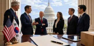 美 공화당 하원의원 54명, 강경화 대사에 공개서한…美기업 차별·중국 플랫폼·안보 우려까지 제기 미국 의회와 한미 양국 국기를 배경으로 한국 관련 현안을 논의하는 미국 정치권 인사들의 회의 장면