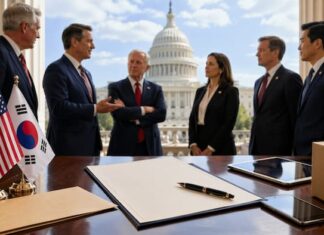 美 공화당 하원의원 54명, 강경화 대사에 공개서한…美기업 차별·중국 플랫폼·안보 우려까지 제기 미국 의회와 한미 양국 국기를 배경으로 한국 관련 현안을 논의하는 미국 정치권 인사들의 회의 장면