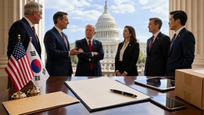 미국 의회와 한미 양국 국기를 배경으로 한국 관련 현안을 논의하는 미국 정치권 인사들의 회의 장면