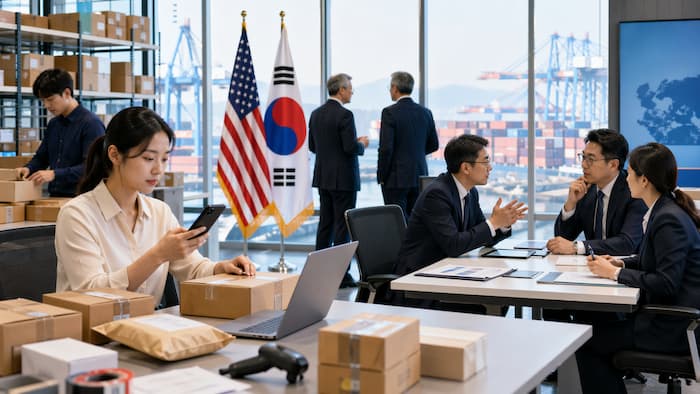 한미 양국 국기와 물류 현장을 배경으로 한국 내 미국 기업 규제 문제를 논의하는 비즈니스 회의 장면