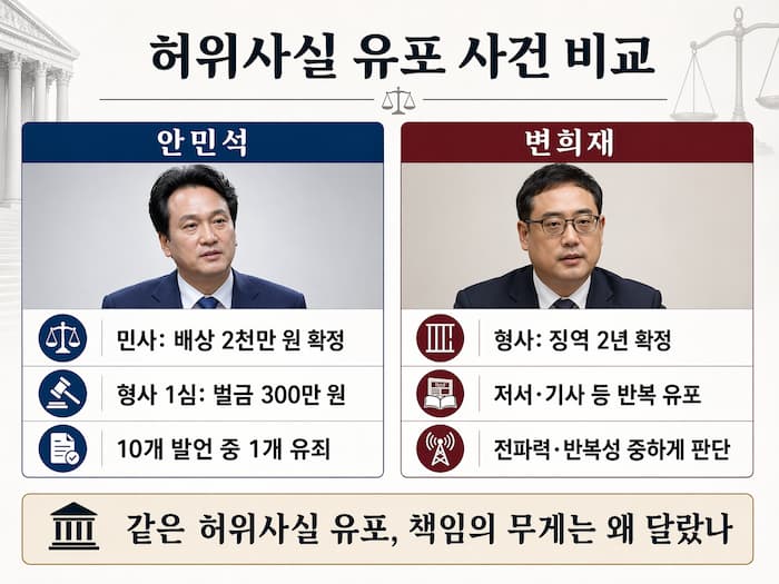 안민석 사건과 변희재 사건의 판결 내용을 항목별로 비교한 인포그래픽 이미지