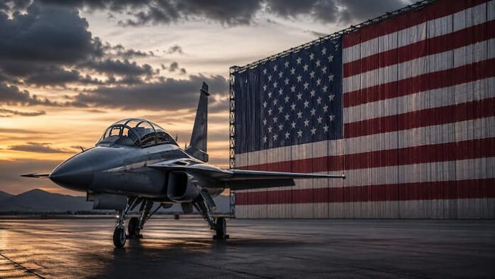 KAI T-50 계열 훈련기의 미국 해군 UJTS 사업 진출 좌절을 상징하는 활주로 위 전투훈련기와 성조기 장벽 이미지