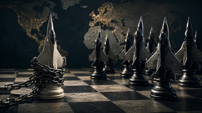 RDP-A 미체결과 바이 아메리칸 규제로 움직임이 제한된 한국 방산을 상징하는 체스판 위 군용기 말 이미지