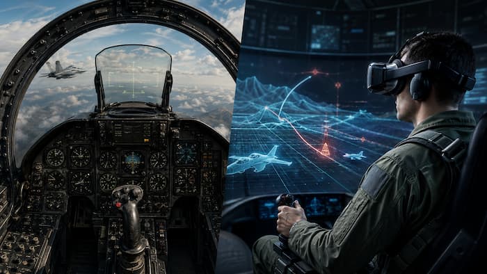 아날로그 전투기 조종석과 VR 시뮬레이션 훈련을 대비시킨 미 해군 훈련체계 변화 이미지
