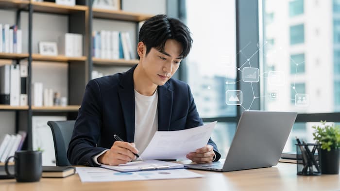 AI 에이전트가 반복 사무 업무를 줄이고 사람이 판단과 기획에 집중하는 변화를 상징한 이미지