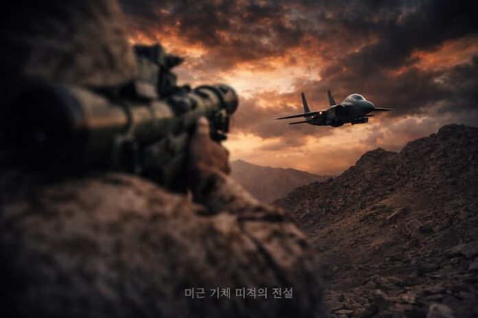 ChatGPT Image 2026년 4월 4일 오후 01_53_28 이란 상공 F-15E 스트라이크 이글 저공 비행 및 이란 보병 휴대용 대공 미사일 매복 공격 상황