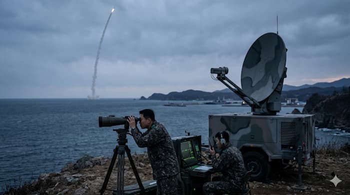 북한 변수와 동북아 안보 불안을 상징하는 군사 감시 이미지