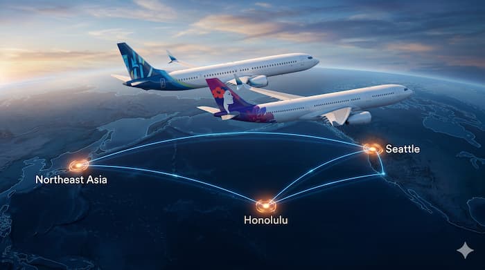 알래스카항공과 하와이안항공의 결합 및 원월드 태평양 네트워크 확장을 상징하는 항공 노선 이미지