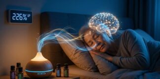 “치매야 썩 물렀거라” 노인 기억력 226% 향상, 알츠하이머 예방 청신호 침대에서 잠든 노년 여성이 아로마 디퓨저와 에센셜 오일 옆에서 수면을 취하고 있으며, 향기와 소리가 뇌를 자극하는 모습을 시각화한 이미지