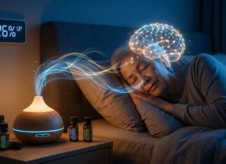 “치매야 썩 물렀거라” 노인 기억력 226% 향상, 알츠하이머 예방 청신호 침대에서 잠든 노년 여성이 아로마 디퓨저와 에센셜 오일 옆에서 수면을 취하고 있으며, 향기와 소리가 뇌를 자극하는 모습을 시각화한 이미지