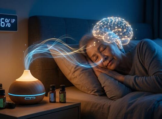 “치매야 썩 물렀거라” 노인 기억력 226% 향상, 알츠하이머 예방 청신호 침대에서 잠든 노년 여성이 아로마 디퓨저와 에센셜 오일 옆에서 수면을 취하고 있으며, 향기와 소리가 뇌를 자극하는 모습을 시각화한 이미지