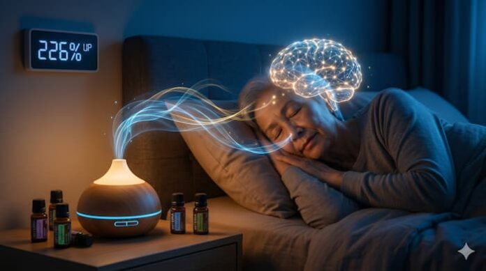 침대에서 잠든 노년 여성이 아로마 디퓨저와 에센셜 오일 옆에서 수면을 취하고 있으며, 향기와 소리가 뇌를 자극하는 모습을 시각화한 이미지