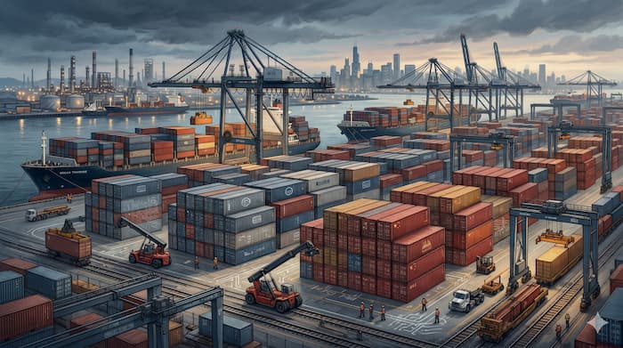 미국과 중국의 경제 갈등 속 글로벌 공급망 압박을 상징하는 항만 이미지