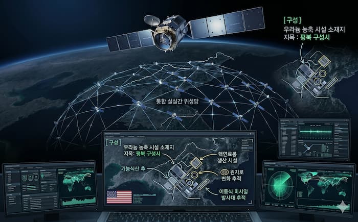 한반도 상공의 통합 위성 감시망과 북한 핵시설 추적을 상징하는 이미지