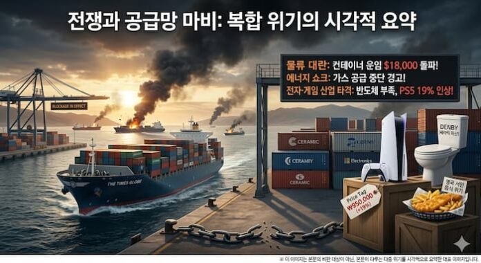 Gemini_Generated_Image_psavrepsavrepsav 노을 지는 바다 위 불타는 대형 컨테이너선과 검은 연기, 그리고 그 옆에 쌓인 화물 컨테이너들이 글로벌 경제 위기와 공급망 마비를 시각적으로 나타내는 고해상도 그래픽 이미지.