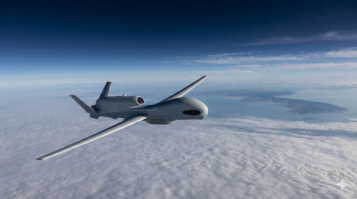 고고도 무인정찰기가 구름 위에서 한반도 주변을 감시하는 이미지