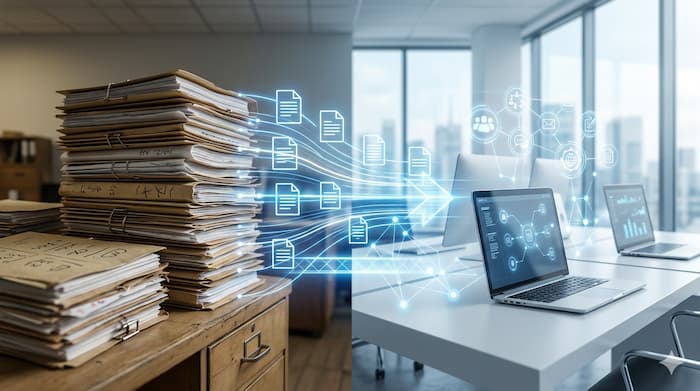 기존 오피스 파일 업무가 클라우드 기반 AI 업무 환경으로 이전되는 흐름을 상징한 이미지