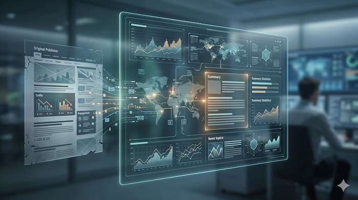 AI 검색 요약과 플랫폼 변화로 뉴스 원문 클릭이 줄어드는 현상을 상징하는 디지털 미디어 이미지