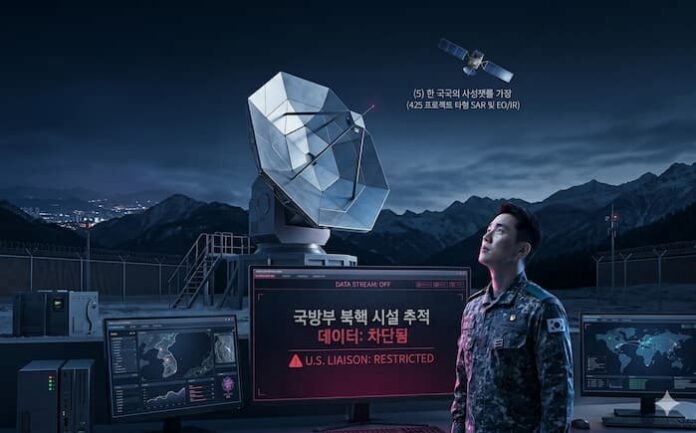 정동영 구성 핵시설 발언 이후 북핵 위성정보 공유 제한 논란을 상징하는 군사위성 감시 이미지