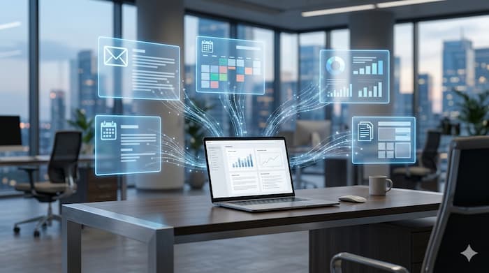 AI 에이전트가 메일·일정·문서·차트 데이터를 연결해 업무 결과물을 만드는 장면을 상징한 이미지