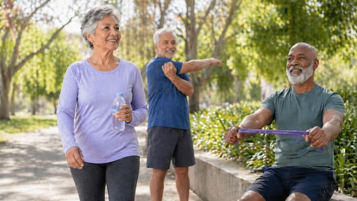 노년기 낙상 예방과 생활 독립성을 위해 하체 근력과 균형운동을 하는 시니어 이미지