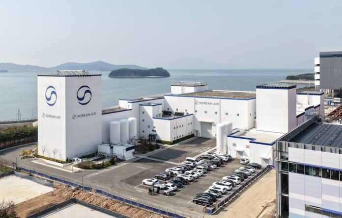 Exterior view of Korean Air engine maintenance and test facility near the coast
