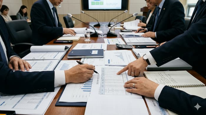 노인 기준 상향과 기초연금 재정 절감 시나리오를 검토하는 정책 회의 장면