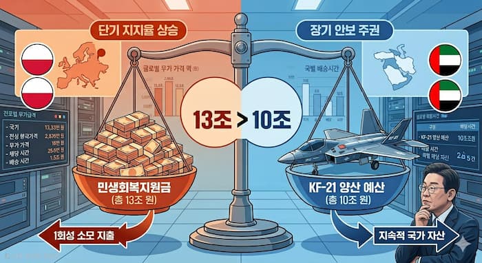 민생 지원금과 KF-21 양산 예산을 비교한 안보 예산 그래픽