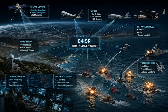 위성, 무인기, 해상초계기, 함정이 연결된 C4ISR 해상 감시와 타격 개념도