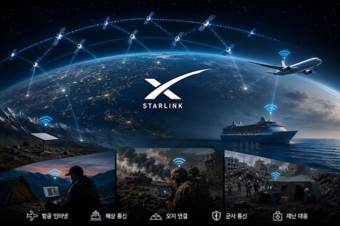 file_name: starlink-low-earth-orbit-network.jpg 스타링크 저궤도 위성망과 항공·해상·군사 통신 인프라