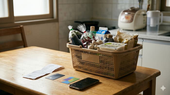 식료품과 영수증, 교통카드가 놓인 가계 물가 이미지