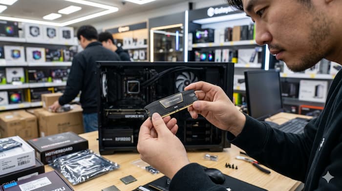 DDR5 메모리 모듈을 손에 들고 확인하는 장면