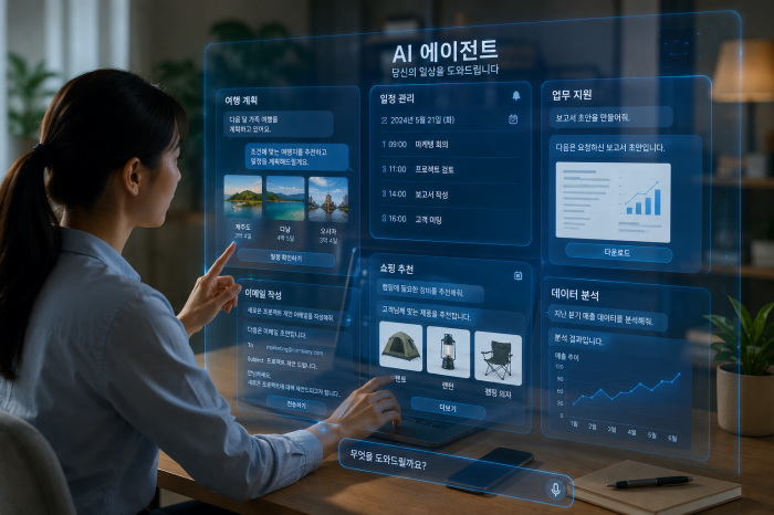 사람이 AI 비서와 함께 업무와 여행 계획을 진행하는 장면
