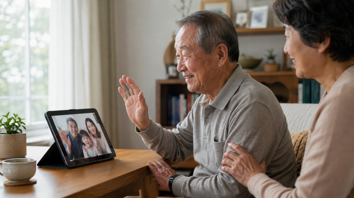 가족과 영상통화로 사회적 연결을 유지하는 노년층