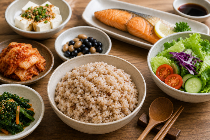 귀리잡곡밥과 채소, 단백질 반찬을 곁들인 혈당 관리 식단